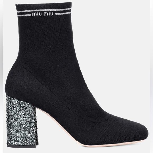 Miu Miu Shoes - Miu Miu Black Stretch Knit Ankle Boots Silver Glitter Heel 35 US 5